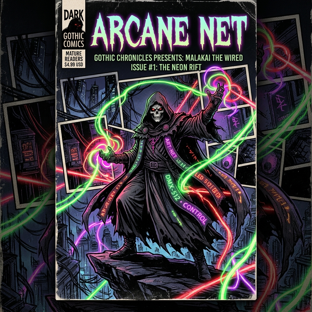 Gothic Warlock controlling glowing Art-Net light streams