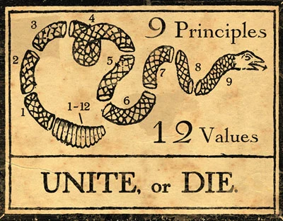 A picture of a snake with a 12-ridge rattler tail with its body cut into nine parts with texts saying 9 principles, 12 values.