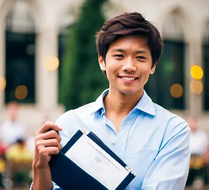 Young man holding his certification.